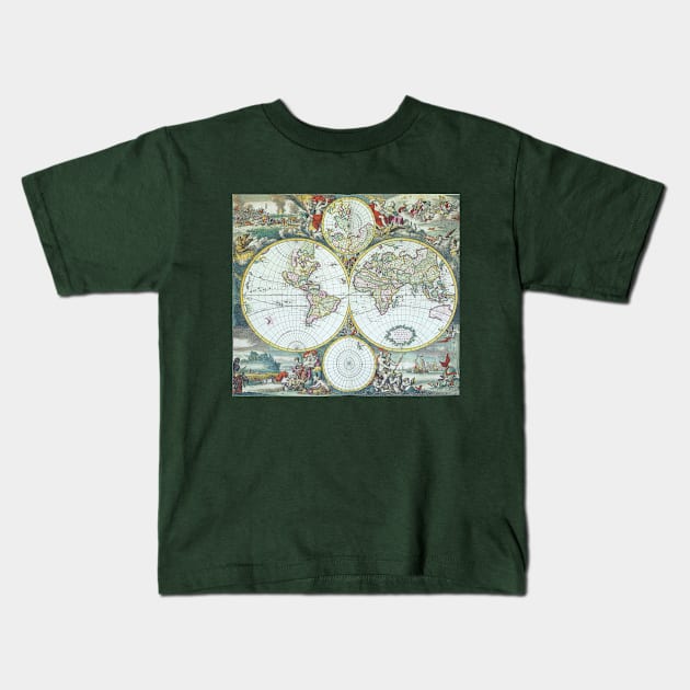 Antique Double Hemisphere Old World Map by Frederick De Wit, 1668 Kids T-Shirt by MasterpieceCafe